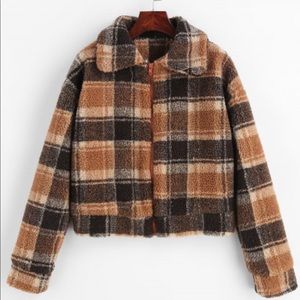 Zaful fluffy faux fur shirt plaid coat